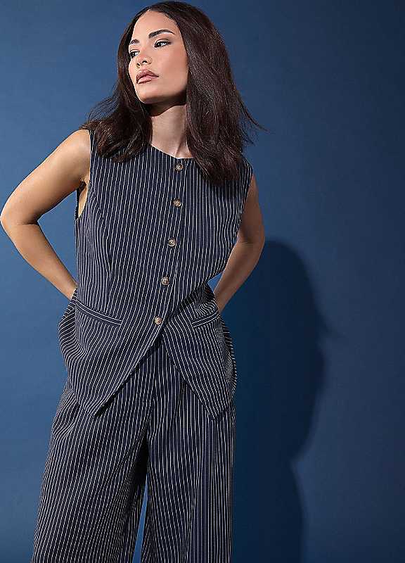 Pixiegirl Women's Dark Navy Petite Pinstripe Waistcoat In | Size: 8 - Image 2