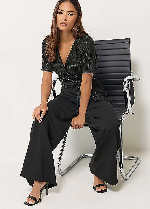 Pixiegirl Women's Black Petite Sequin Wrap Wide Leg Jumpsuit In | Size: 10 - Image 2