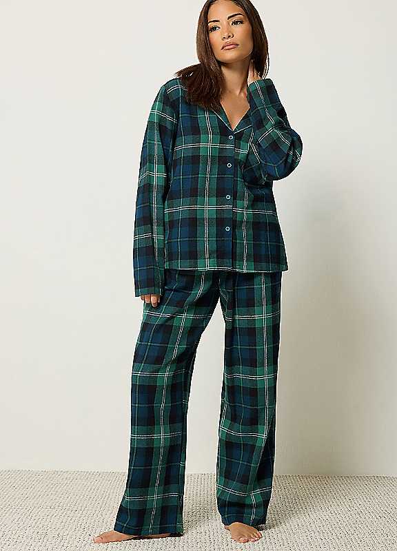 Pixiegirl Women's Dark Green Petite Check Long Sleeve Pyjama Set In Size 12-14 - Image 6