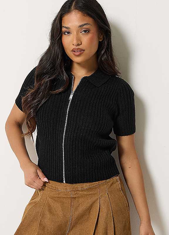 Pixiegirl Women's Black Petite Short Sleeve Knitted Zip Cardigan In Size 12-14 - Image 2