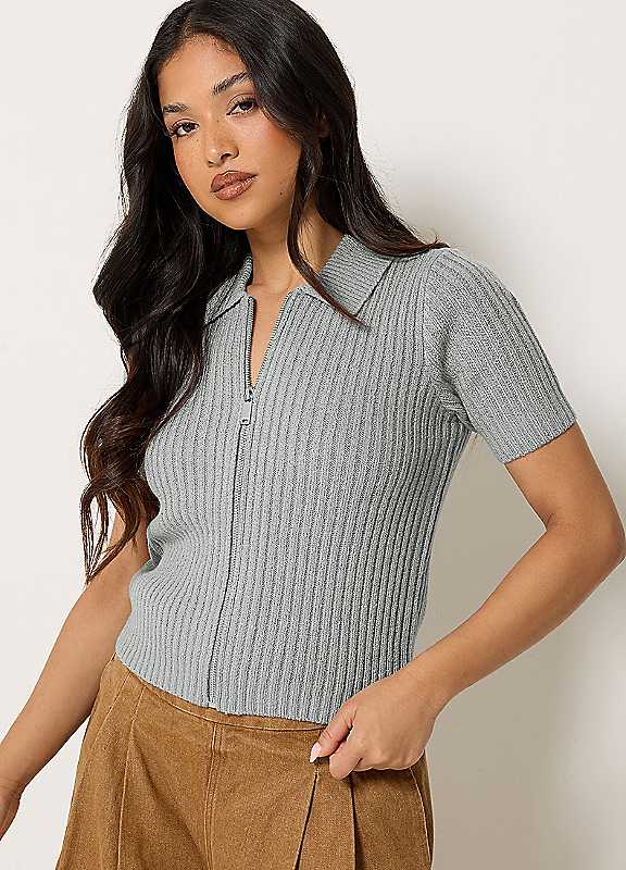 Pixiegirl Women's Grey Petite Short Sleeve Knitted Zip Cardigan - Image 3