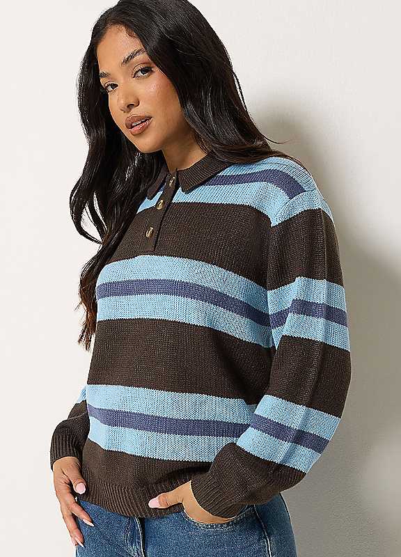 Pixiegirl Women's Chocolate Petite Stripe Polo Jumper In Size 16-18 - Image 3