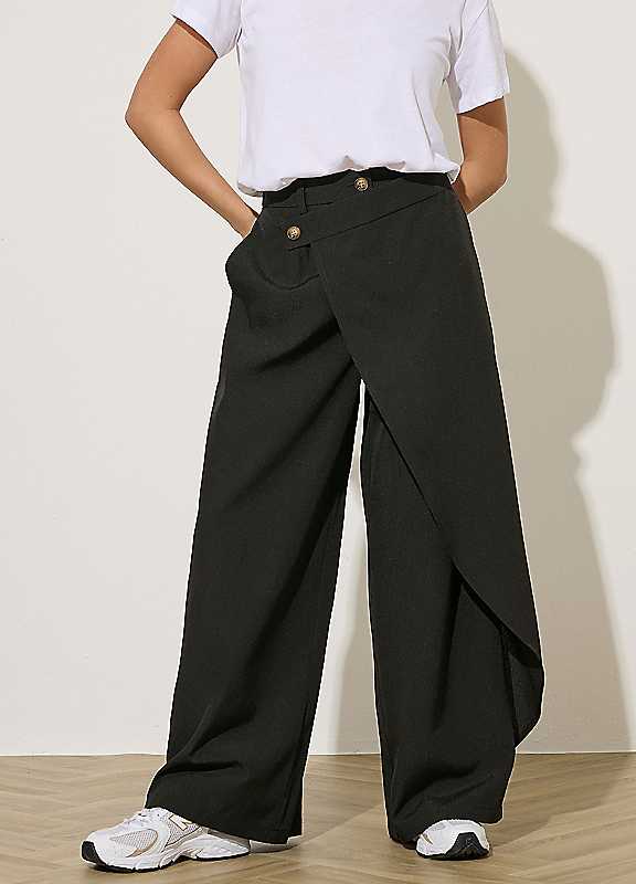 Pixiegirl Women's Black Petite Wrap Wide Leg Trousers In | : Small - Image 2