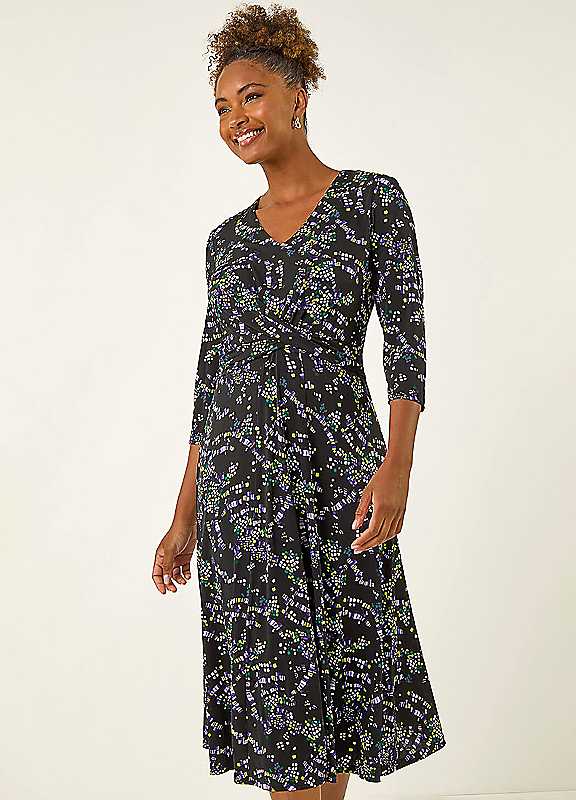 Roman Women's Black Abstract Crossover Stretch Midi Dress In | Size: 18 - Image 7