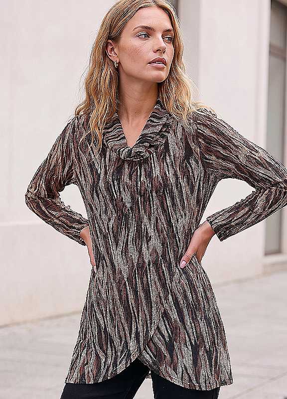 Roman Women's Beige Abstract Print Cowl Neck Tunic Top In Size 14 - Image 6