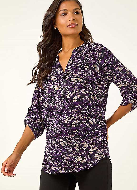 Roman Women's Purple Abstract Print V-Neck Stretch Shirt - Image 6