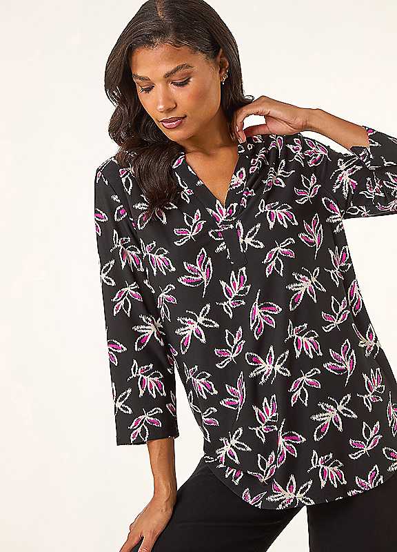 Roman Women's Black Abstract Print V-Neck Stretch Top Size 18 - Image 6