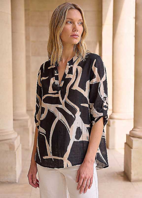 Roman Women's Black Abstract Print V-Neck Top In | : Size 16 - Image 8