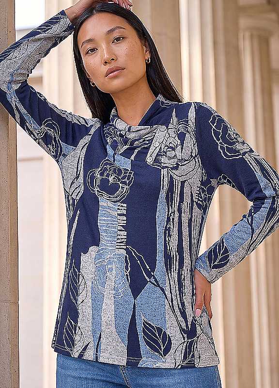 Roman Women's Blue Abstract Stretch Jersey Button Top In | Size: 14 - Image 6