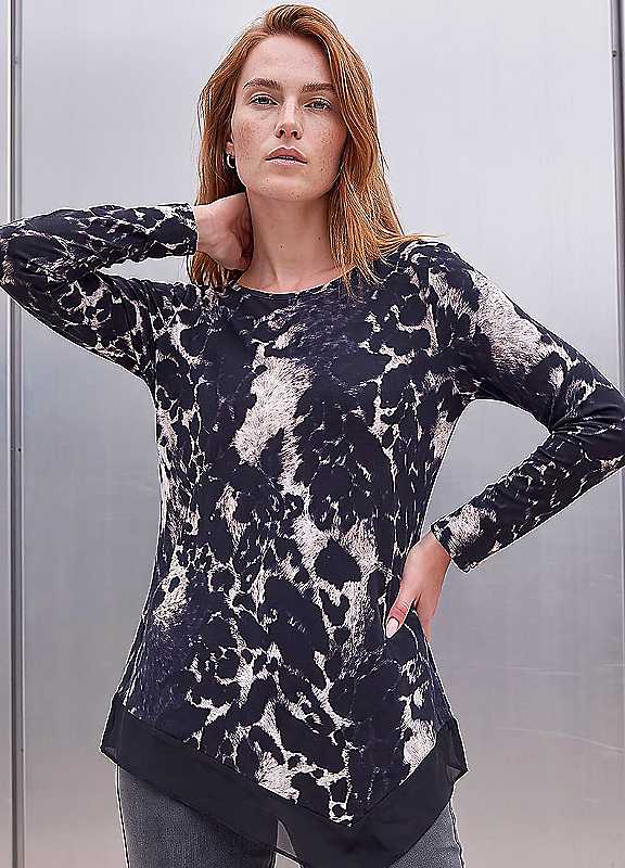 Roman Women's Black Animal Print Chiffon Hem Top In | Size: 12 - Image 2