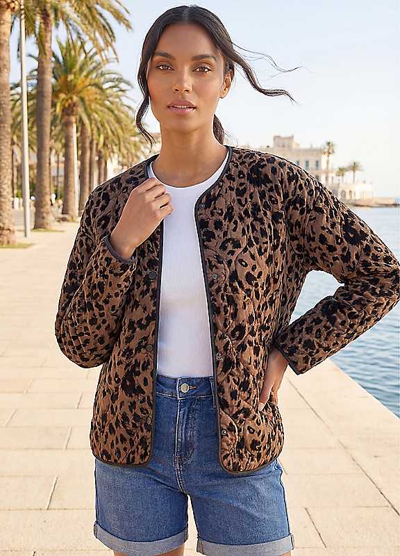 Roman Women's Brown Animal Print Flock Quilted Jacket In | : Size 16 - Image 3