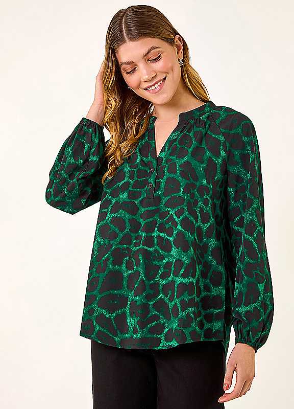 Roman Animal Print V-Neck Top - Green - Image 4