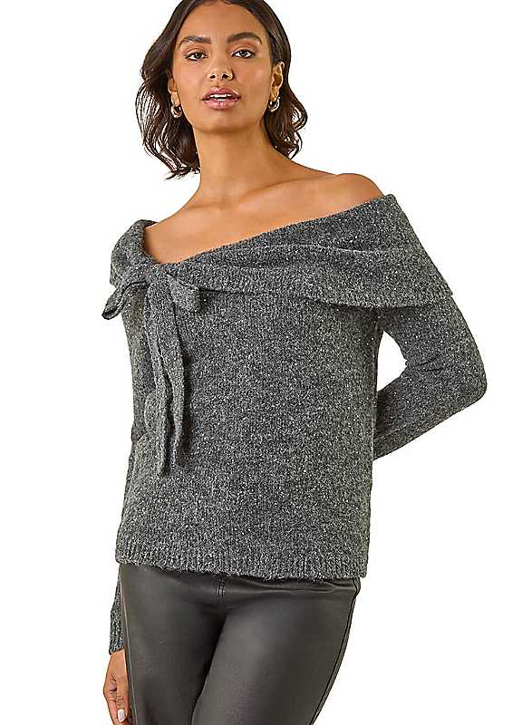 Roman Bardot Sequin Knit Jumper, Grey, Size 14, Women - Image 8