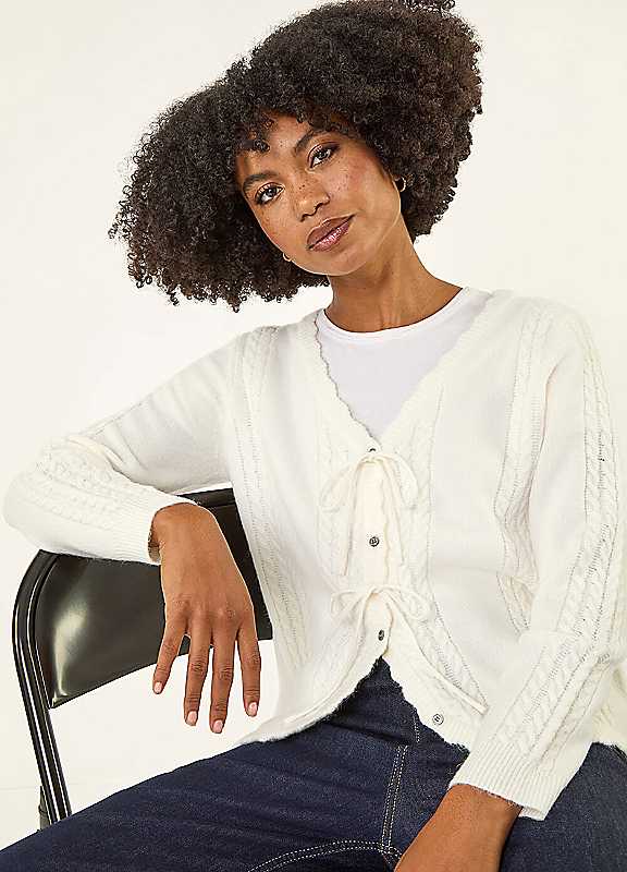 Roman Women's Ivory Bow Front Buttoned Knit Cardigan Sweater In | : Small - Image 2