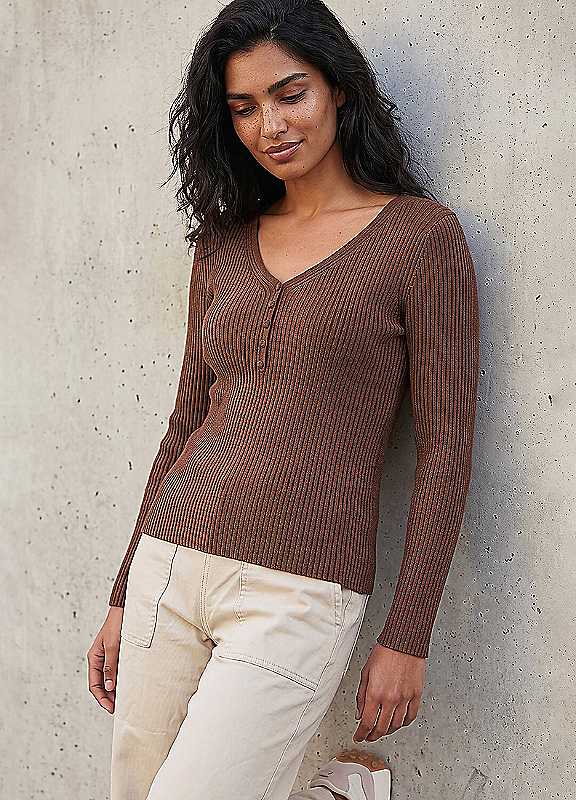 Roman Women's Chocolate Button Rib Knit Jumper In | Size: 20 - Image 5