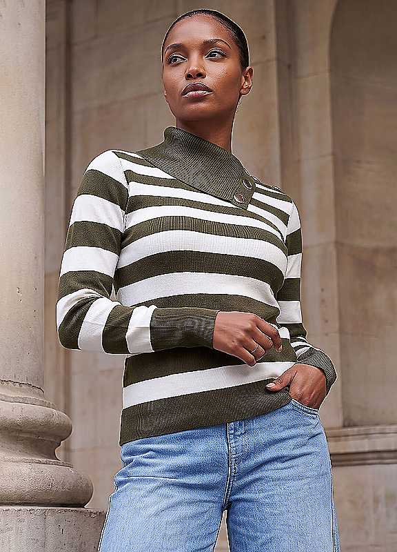 Roman Women's Khaki Button Stripe Knit Jumper In | : Size 14 - Image 7