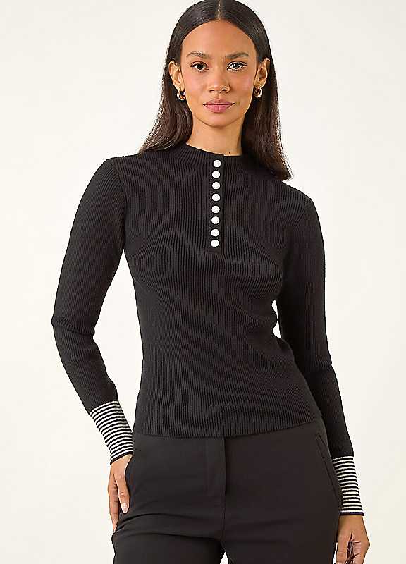 Dusk Women's Black Buttoned Ribbed Knit Jumper In | Size: 14 - Image 2