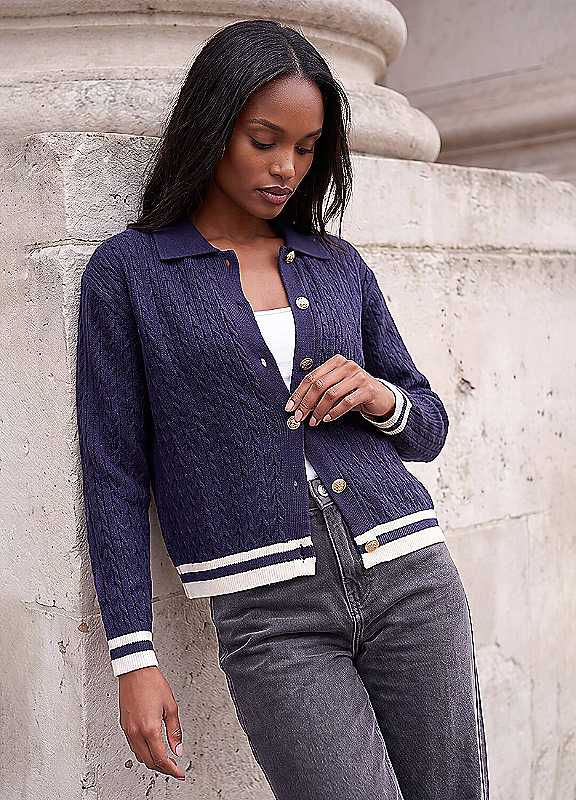 Roman Women's Navy Cable Collared Knit Cardigan In Size 16 - Image 8