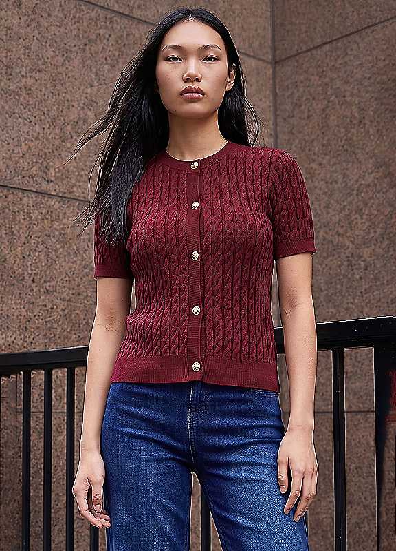 Dusk Women's Cable Knit Buttoned Top in Wine | Size: 16 - Image 3