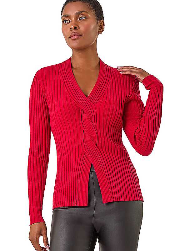 Roman Red Cable Split Detail Rib Jumper