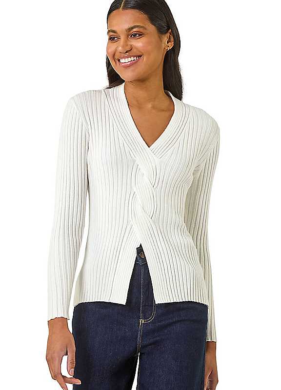 Roman Ivory Cable Split Detail Rib Jumper