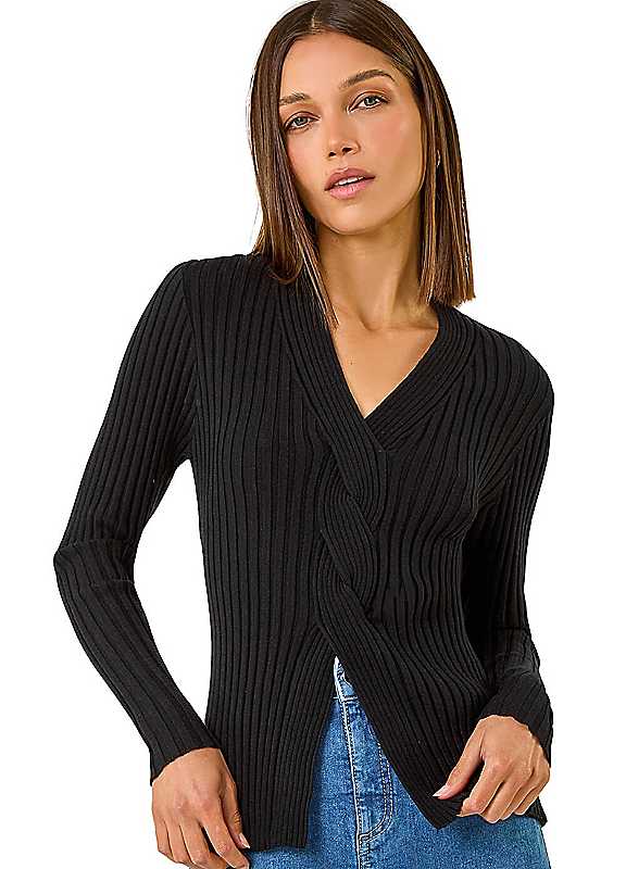 Roman Black Cable Split Detail Rib Jumper