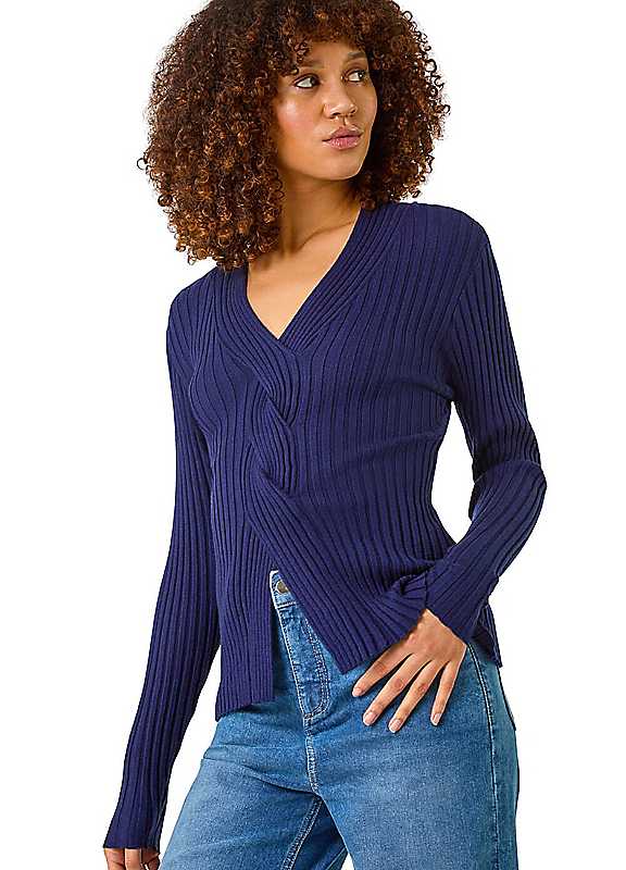 Roman Navy Cable Split Detail Rib Jumper