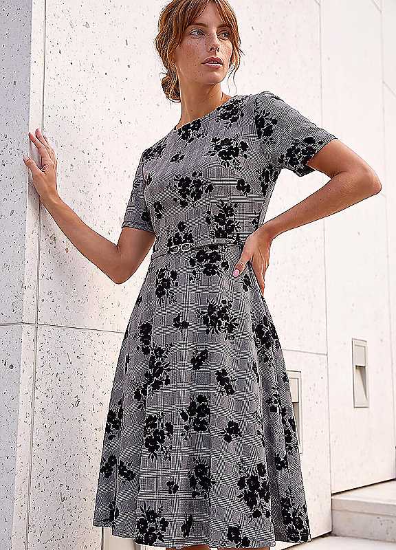 Roman Women's Grey Check Floral Flock Dress In | : Size 14 - Image 2