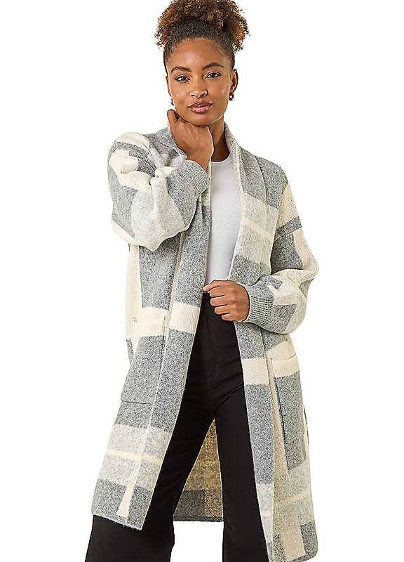 Roman Women's Grey Check Longline Pocket Cardigan Large - Image 2