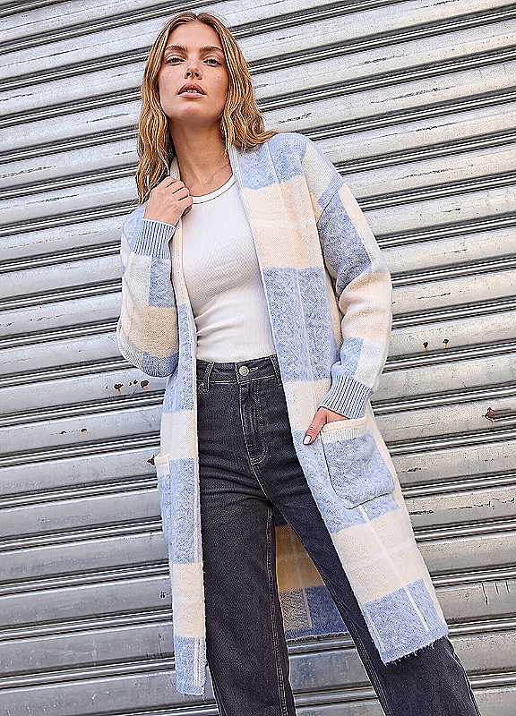 Roman Women's Light Blue Check Longline Pocket Cardigan In | Size: Medium - Image 3