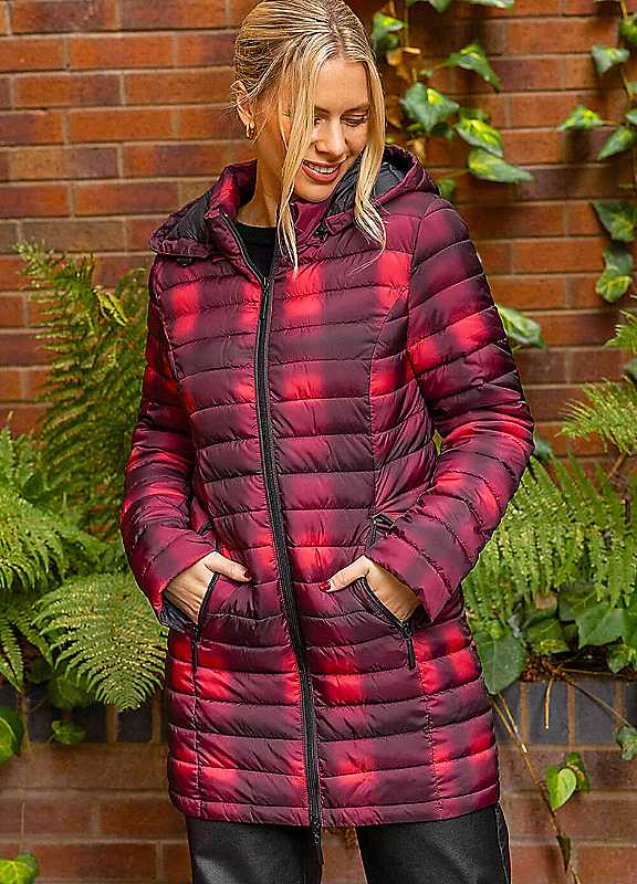 Roman Women's Burgundy Check Print Quilted Puffer Coat In | Size: 16 - Image 4