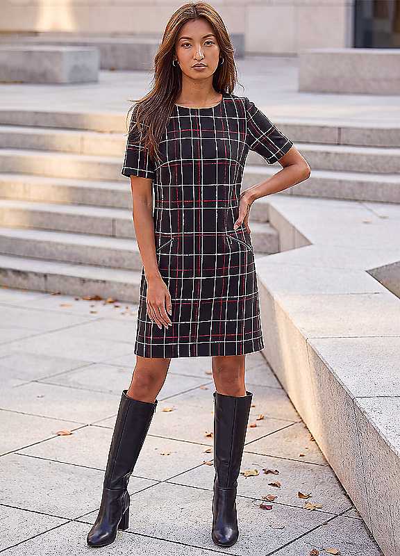 Roman Womens Check Zip Pocket Knee Length Shift Dress, Black, Size 18, Women - Image 4