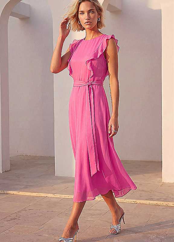 Roman Women's Chiffon Frill Front Midi Dress in Pink | Size: 12 - Image 4