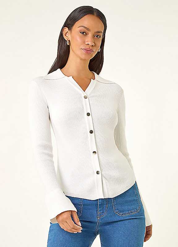 Dusk Women's Ivory Collared Button Jumper In | Size: 14 - Image 3