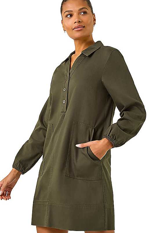 Roman Khaki Collared Shift Shirt Dress