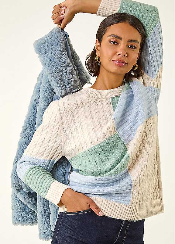 Roman Women's Ivory Colour Block Cable Knit Jumper In | : Size 14 - Image 5