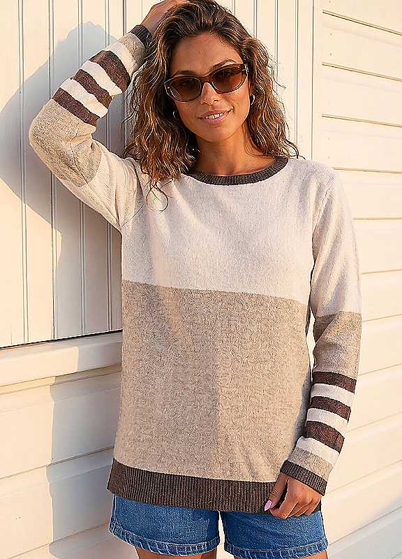 Roman Women's Beige Colour Block Stripe Jumper In | : Size 16 - Image 7