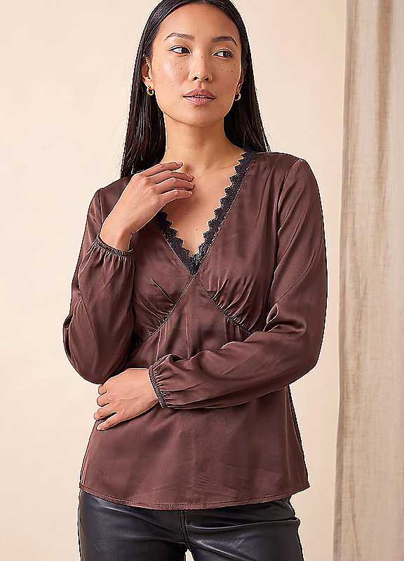 Roman Women's Chocolate Contrast Lace Trim Top In | Size: 16 - Image 3