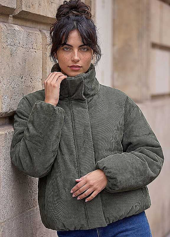 Dusk Women's Corduroy Puffer Coat in Khaki | Size: 12 - Image 3