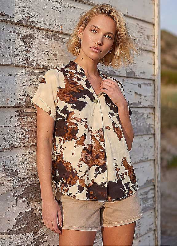 Roman Cow Print Pleat Top, Brown, Size 10, Women - Image 5