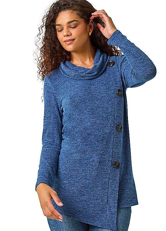 Roman Women's Cowl Neck Button Stretch Top in Blue | Size: 10 - Image 2