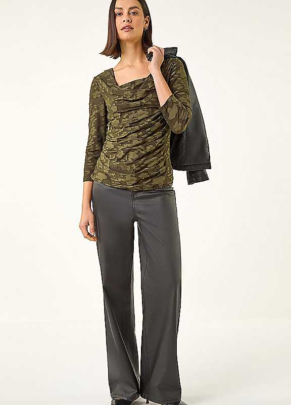 Roman Women's Khaki Cowl Neck Jacquard Stretch Top Size 14 - Image 3