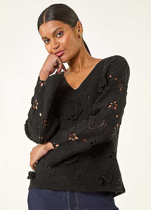 Roman Originals Crochet Floral Knit Jumper for Women UK - Ladies Everyday Autumn Winter V-Neckline Comfy Soft Evening Vacation Work Party Night Out - Image 4