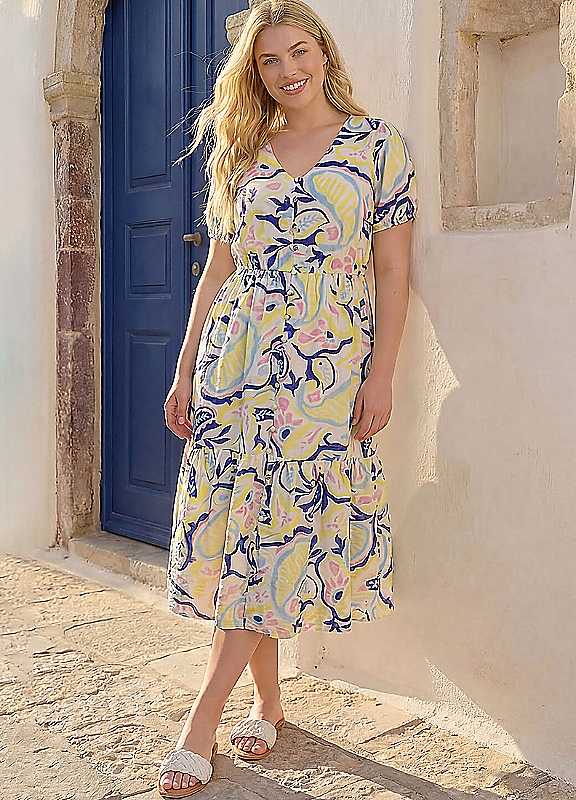 Roman Curve Women's Yellow Abstract Print Button Dress Size 26-28 - Image 3