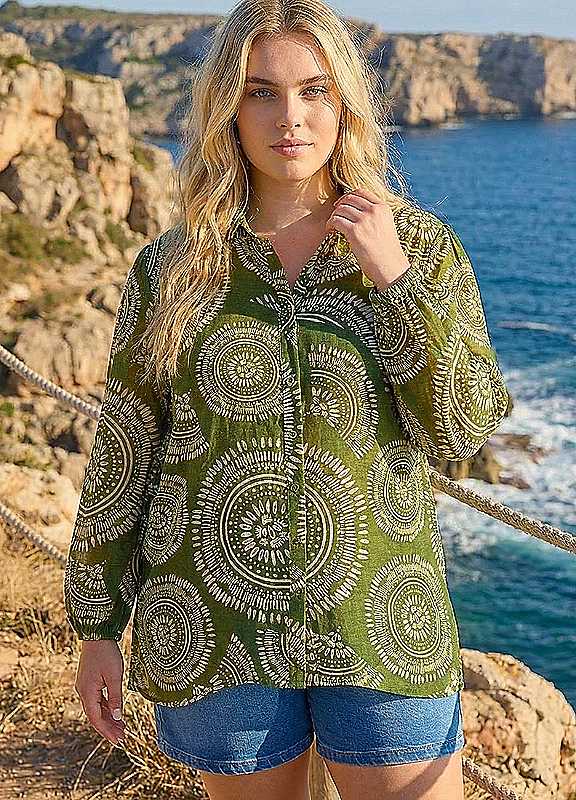 Roman Curve Women's Khaki Abstract Print Woven Shirt Size 16 - Image 4