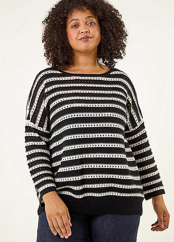 Roman Curve Crochet Stripe Knit, Black, Size 18, Women - Image 3
