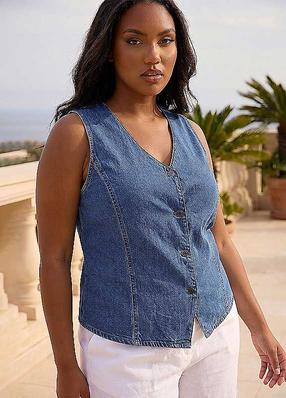 Roman Women's Blue Curve Denim Button Waistcoat In | Size: 22/24 - Image 5