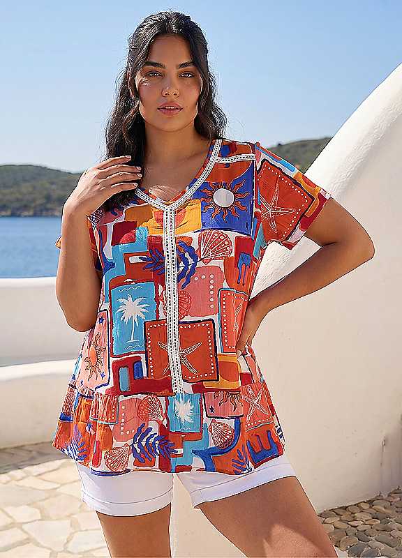Roman Women's Burnt Orange Curve Leaf Print V-Neck Lace Top In | : Size 20 - Image 3