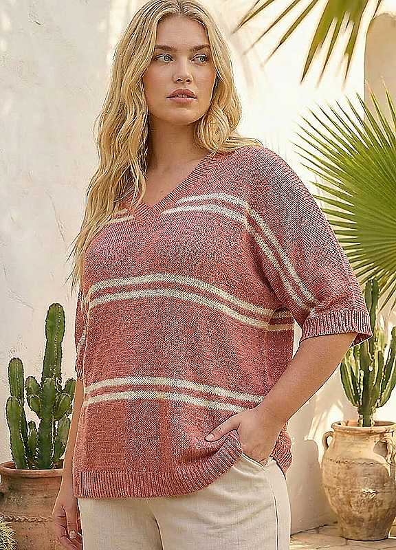 Roman Curve Women's Rose Stripe V-Neck Knit Jumper Size 16 - Image 3