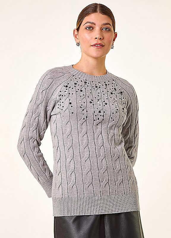 Roman Grey Embellished Cable Knit Jumper - Image 4